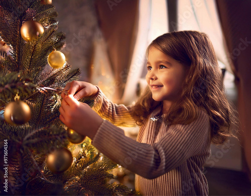 Uma menina feliz, colocando enfeites na árvore de Natal.  photo