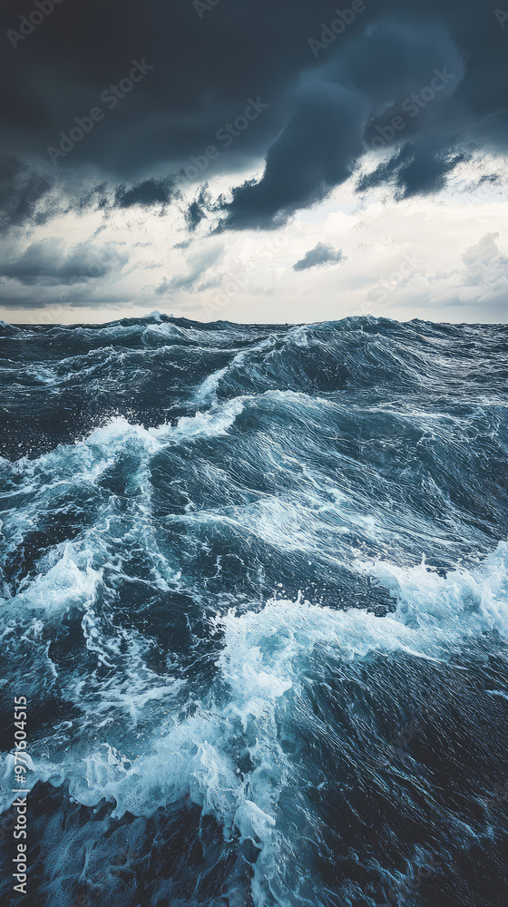 Rough seas with heavy storm clouds create dramatic atmosphere Rough seas with heavy storm clouds create dramatic atmosphere