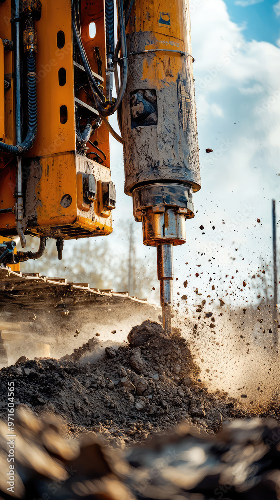Heavy duty drilling machine breaking through solid rock, creating dust and debris Heavy duty drilling machine breaking through solid rock, creating dust and debris