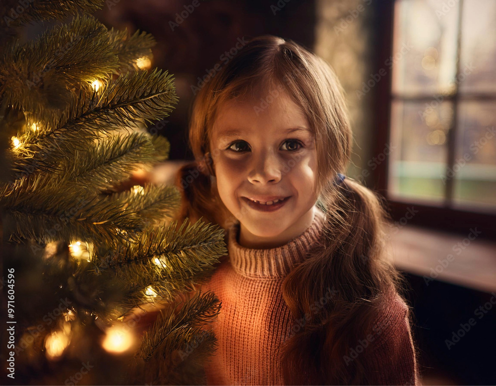 Close up no rosto de uma menina, criança sorridente, com árvore de Natal. Close up no rosto de uma menina, criança sorridente, com árvore de Natal.
