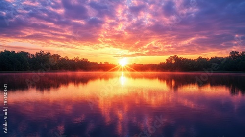 A serene sunset over a calm lake, reflecting vibrant colors and clouds in the sky.