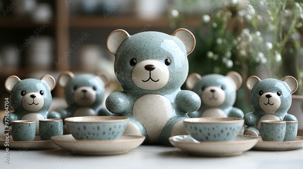 a group of teddy bears with cups and saucers. a group of teddy bears with cups and saucers.