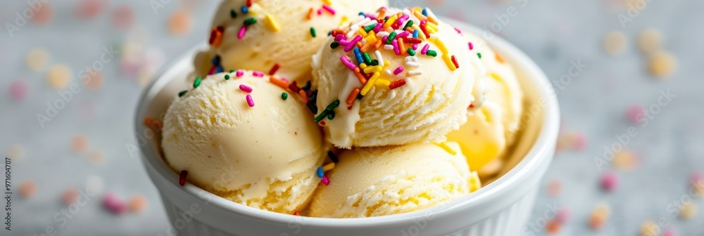 A close-up shot of a white bowl filled with scoops of creamy vanilla ice cream topped with colorful sprinkles. The ice cream is melting slightly, creating a visually appealing contrast between the col A close-up shot of a white bowl filled with scoops of creamy vanilla ice cream topped with colorful sprinkles. The ice cream is melting slightly, creating a visually appealing contrast between the col