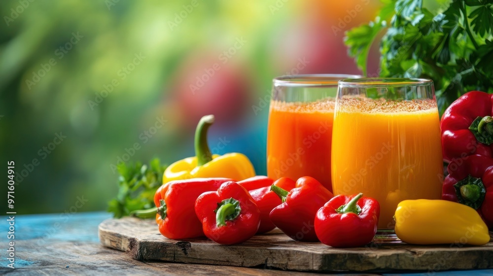 Fresh juices and colorful peppers on a wooden board, highlighting healthy eating. Fresh juices and colorful peppers on a wooden board, highlighting healthy eating.