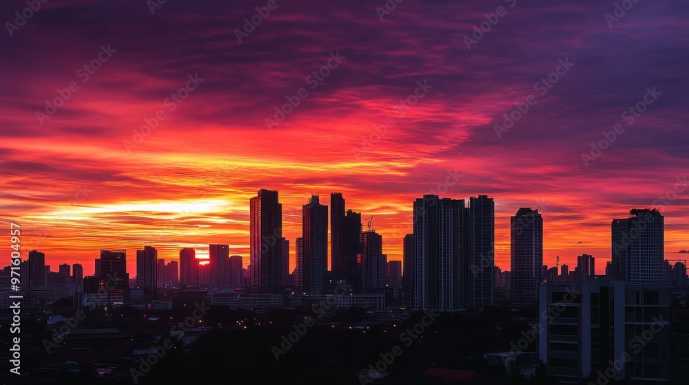 Obraz premium A vibrant sunset over a city skyline, showcasing silhouettes of buildings against colorful skies.