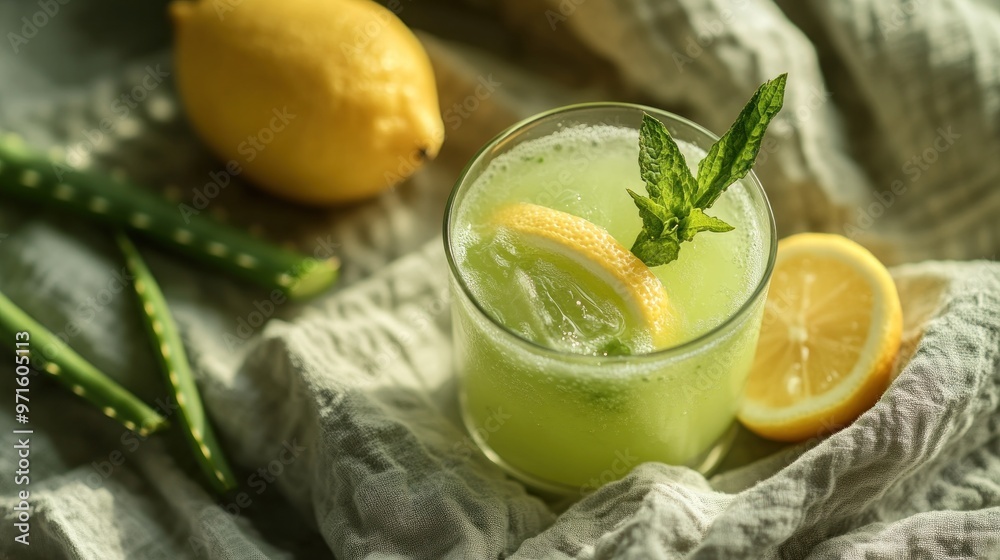 Refreshing green drink with lemon and mint, surrounded by fresh ingredients. Refreshing green drink with lemon and mint, surrounded by fresh ingredients.