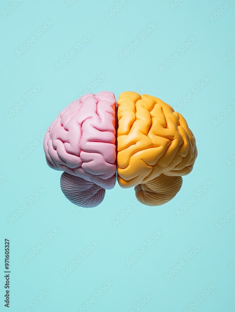 A colorful model of the human brain, separated into left and right hemispheres. The left hemisphere is pink, symbolizing logic and language. The right hemisphere is yellow, representing creativity and A colorful model of the human brain, separated into left and right hemispheres. The left hemisphere is pink, symbolizing logic and language. The right hemisphere is yellow, representing creativity and