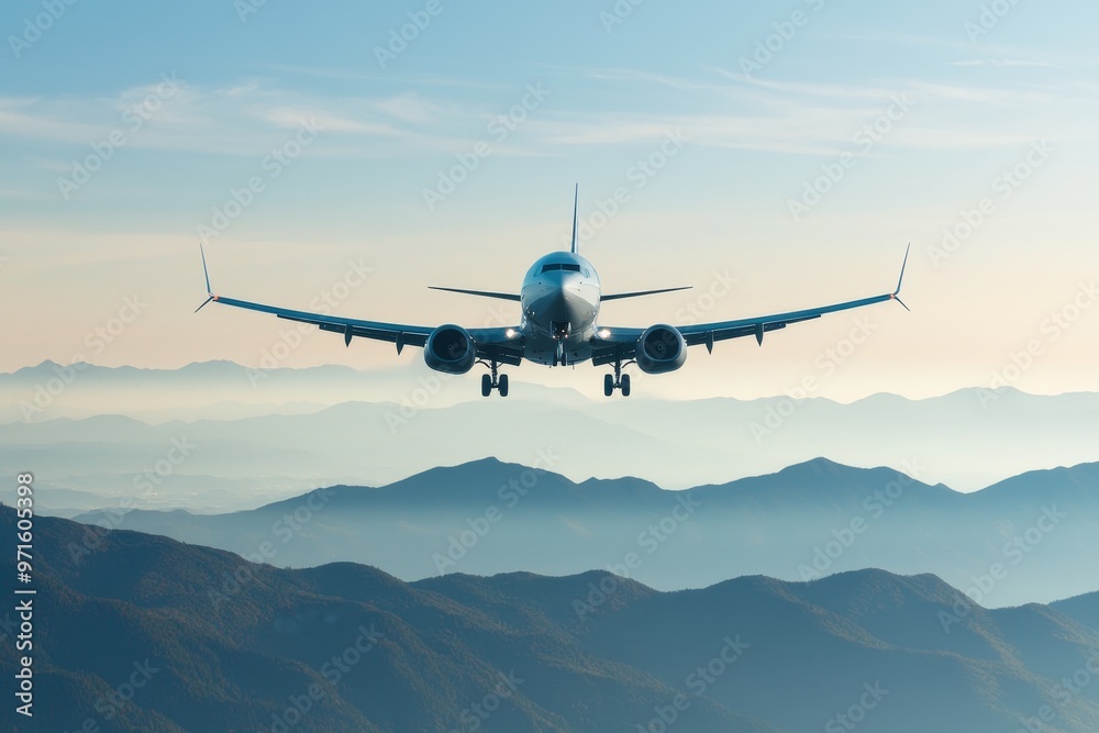 A commercial airplane, in flight, flies over a range of mountains under a clear, blue sky with the sun setting in the background, symbolizing travel, adventure, and exploration. A commercial airplane, in flight, flies over a range of mountains under a clear, blue sky with the sun setting in the background, symbolizing travel, adventure, and exploration.