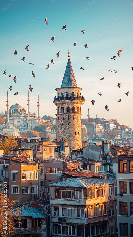 Fototapeta premium Historic Galata Tower in Istanbuls skyline with birds flying