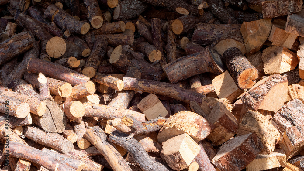 Pile of chopped and stacked firewood for heating or campfire Pile of chopped and stacked firewood for heating or campfire