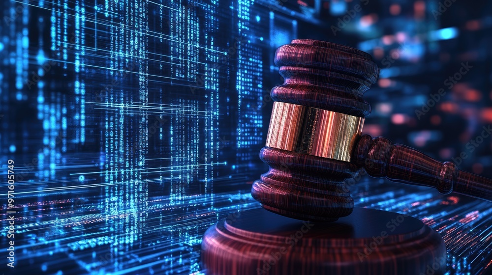 A wooden gavel sits on a block in front of a blue glowing digital background. A wooden gavel sits on a block in front of a blue glowing digital background.