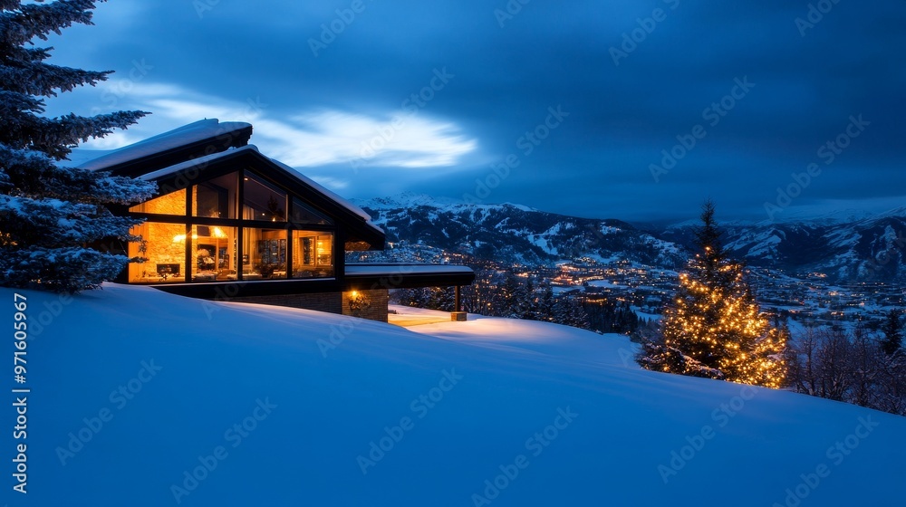 Fototapeta premium A contemporary mountain home with large windows overlooking a snowy landscape. The home is lit up inside and there is a Christmas tree with lights in the foreground. The scene evokes a sense of peace,