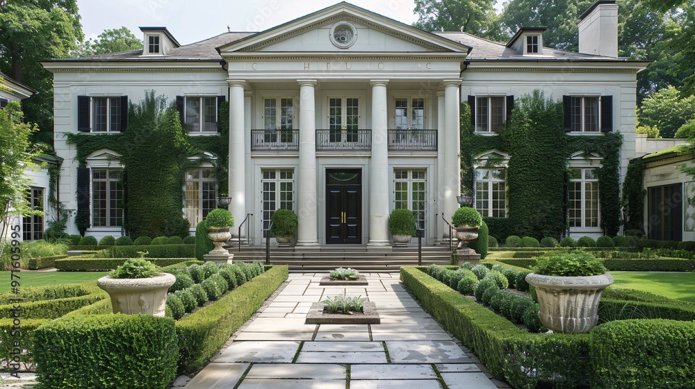Grand White Mansion with Lush Greenery and Formal Gardens Grand White Mansion with Lush Greenery and Formal Gardens