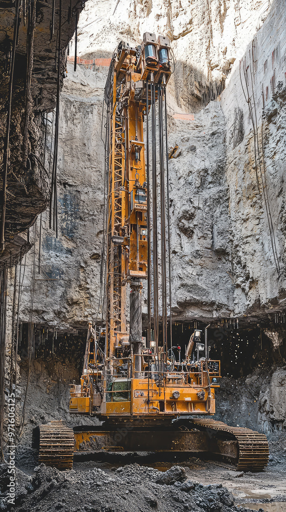 Industrial rock drilling rig in action on construction site, showcasing its powerful capabilities Industrial rock drilling rig in action on construction site, showcasing its powerful capabilities