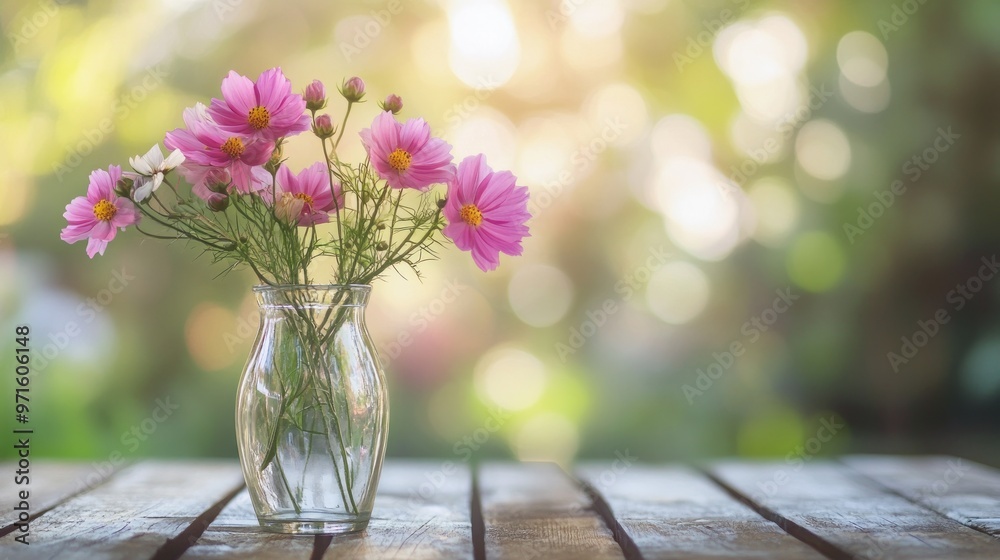 A vase of pink flowers on a wooden table, set against a softly blurred background. A vase of pink flowers on a wooden table, set against a softly blurred background.