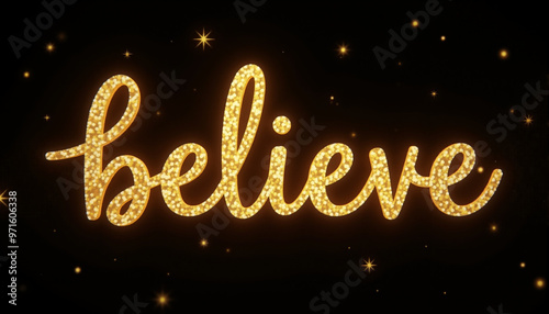 Believe written in gold glitter on a black background, surrounded by stars, creating a positive and uplifting mood.