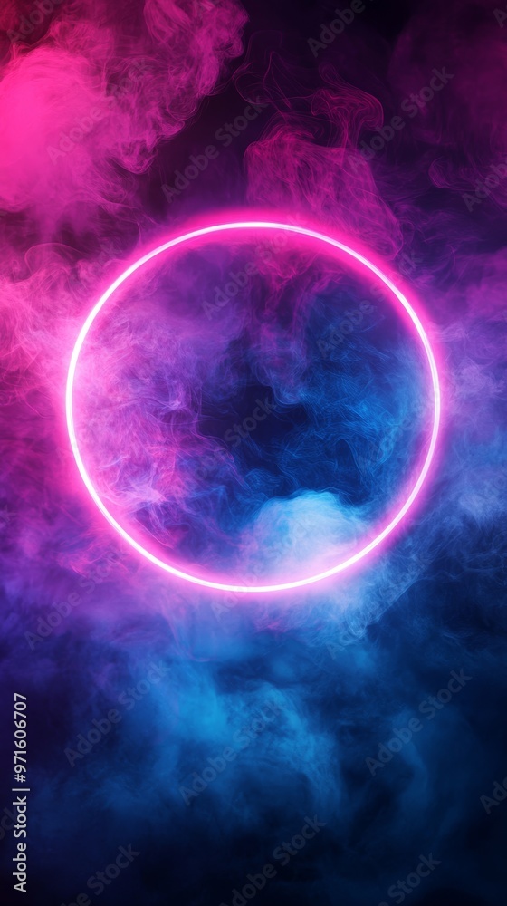 Fototapeta premium Neon circle glowing with pink and blue smoke background