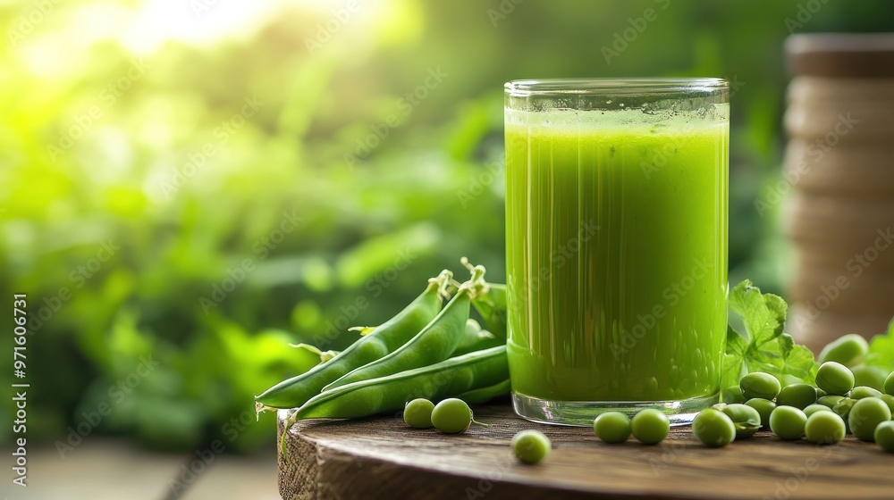 A refreshing green smoothie made from peas, set against a natural background. A refreshing green smoothie made from peas, set against a natural background.