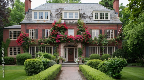 Classic Brick Home with Lush Greenery and Landscaped Garden