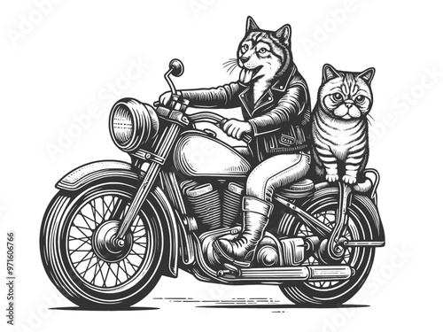 Dog and cat friends on a motorcycle, one in leather jacket, blending biker culture with humorous art sketch engraving generative ai vector illustration. Scratch board imitation. Black and white image