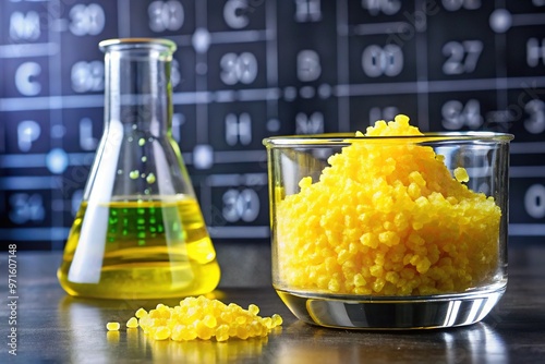 Yellow crystals of sulfur trioxide, SO3, in a laboratory beaker, with a periodic table and molecular model in the background, illustrating its chemical composition. photo