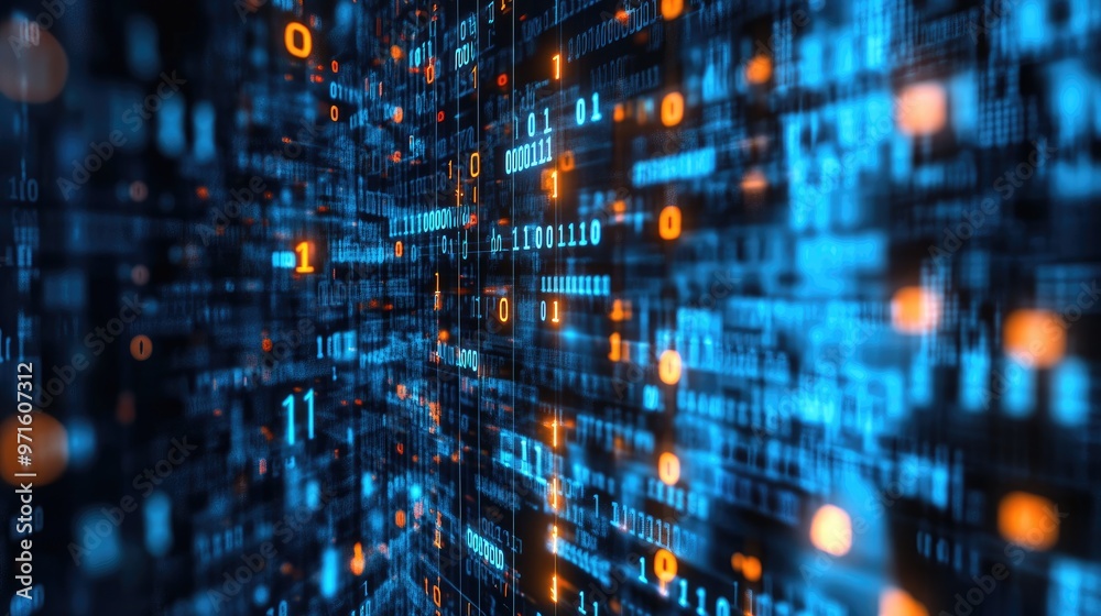 Abstract digital background with binary code in blue and orange hues. Abstract digital background with binary code in blue and orange hues.