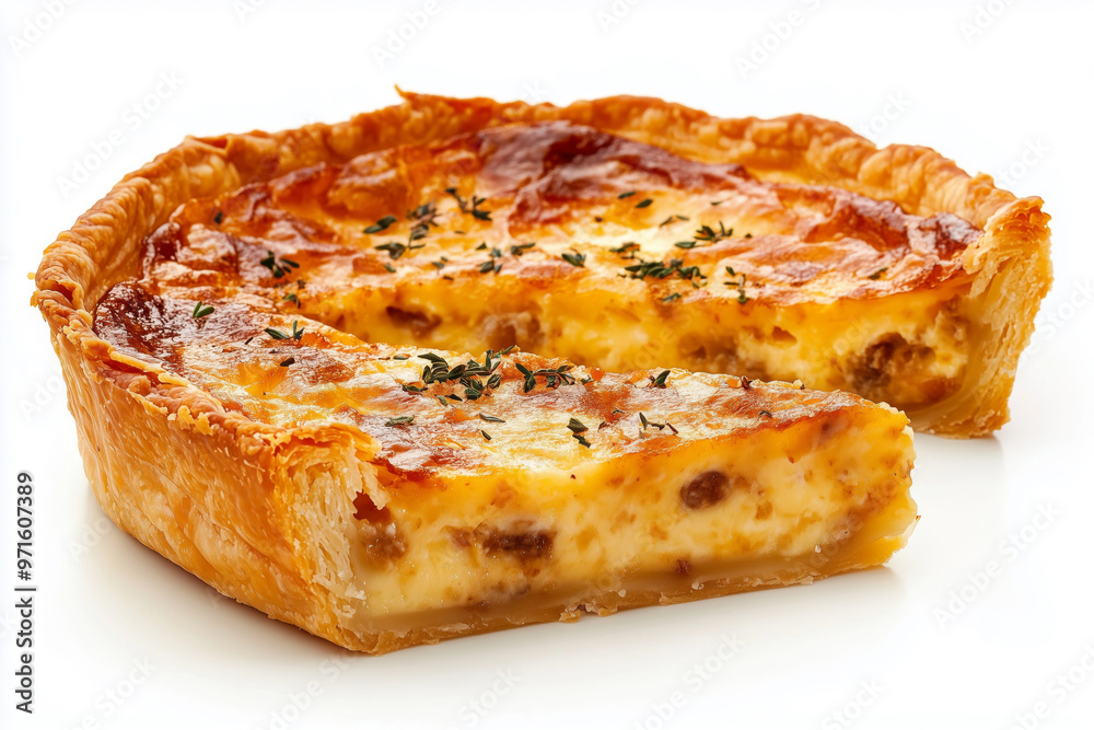 Deliciously baked quiche Lorraine served warm from the oven, showcasing a golden crust filled with creamy egg and savory bacon Deliciously baked quiche Lorraine served warm from the oven, showcasing a golden crust filled with creamy egg and savory bacon