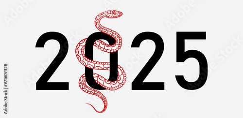 Hand drawn illustration of a red snake with decorated scaled skin intricately coils around the black number 2025 on white background. Template of Chinese New Year banner in Asian style with a reptile