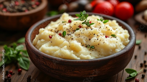 Bowl of mashed potatoes is being seasoned with fresh thyme and peppercorns