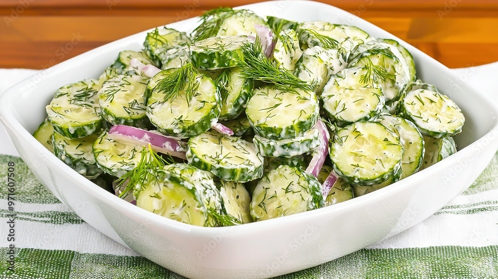A white bowl with cucumbers sits on a green-white tablecloth atop a wooden table A white bowl with cucumbers sits on a green-white tablecloth atop a wooden table