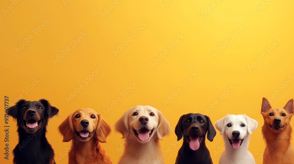 A group of six dogs, each with unique breeds and personalities, stand in a row against a vibrant yellow backdrop. Their cheerful smiles and inquisitive gazes create a heartwarming image representing u