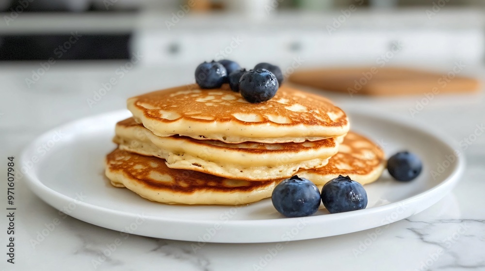 Fluffy American pancakes with a sprinkle of blueberries, arranged on a clean white plate with a minimalist kitchen backdrop Fluffy American pancakes with a sprinkle of blueberries, arranged on a clean white plate with a minimalist kitchen backdrop