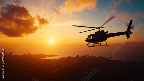 A helicopter flies over a coastal city at sunrise, casting a silhouette against the vibrant orange sky. The helicopter, a symbol of transportation and adventure, soars above the cityscape, highlightin