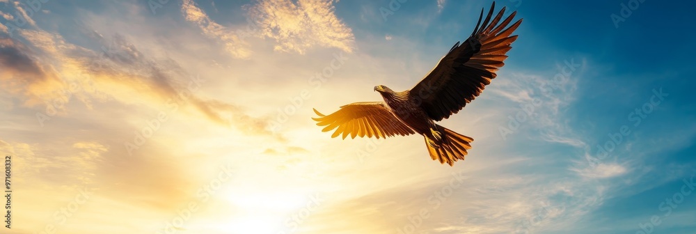 Obraz premium A majestic golden eagle statue soars through the sky, symbolizing freedom, strength, power, and the pursuit of dreams. The statue is silhouetted against a vibrant sunset, creating a breathtaking image