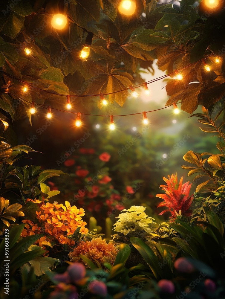 A magical twilight scene featuring a lush, vibrant garden illuminated by warm string lights. The scene symbolizes tranquility, nature's beauty, and the magic of the evening. A magical twilight scene featuring a lush, vibrant garden illuminated by warm string lights. The scene symbolizes tranquility, nature's beauty, and the magic of the evening.