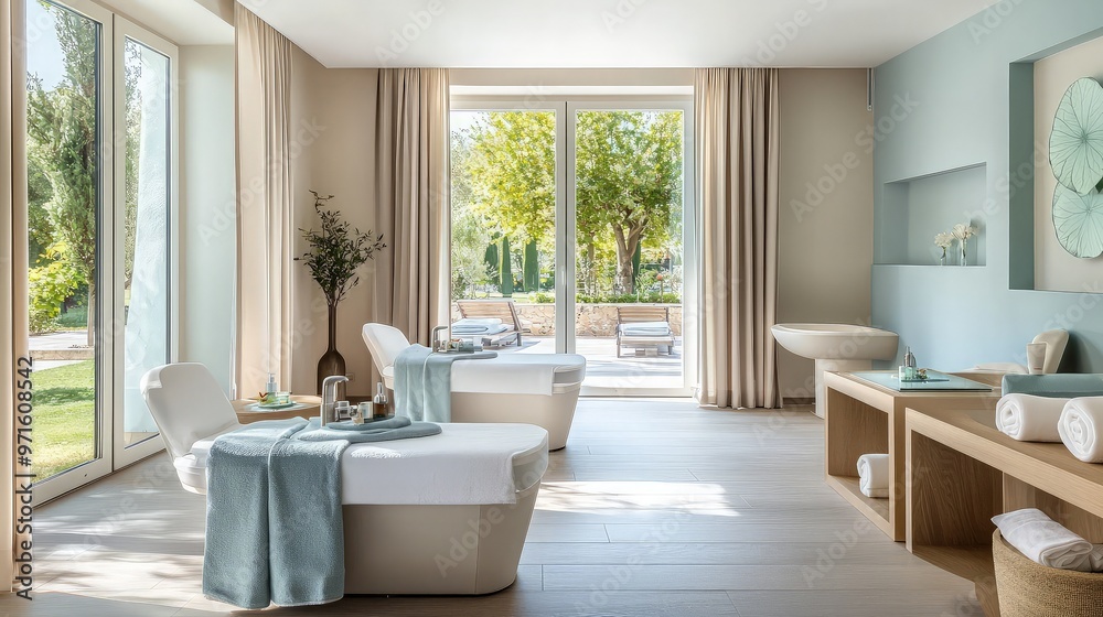 Fototapeta premium Relaxing Spa Room with Garden View