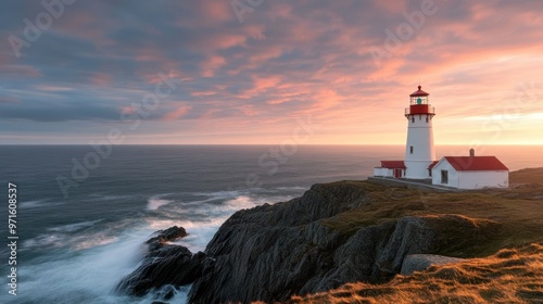 Wallpaper Mural A picturesque lighthouse on a rocky coastline at sunset, guiding ships safely home. Torontodigital.ca