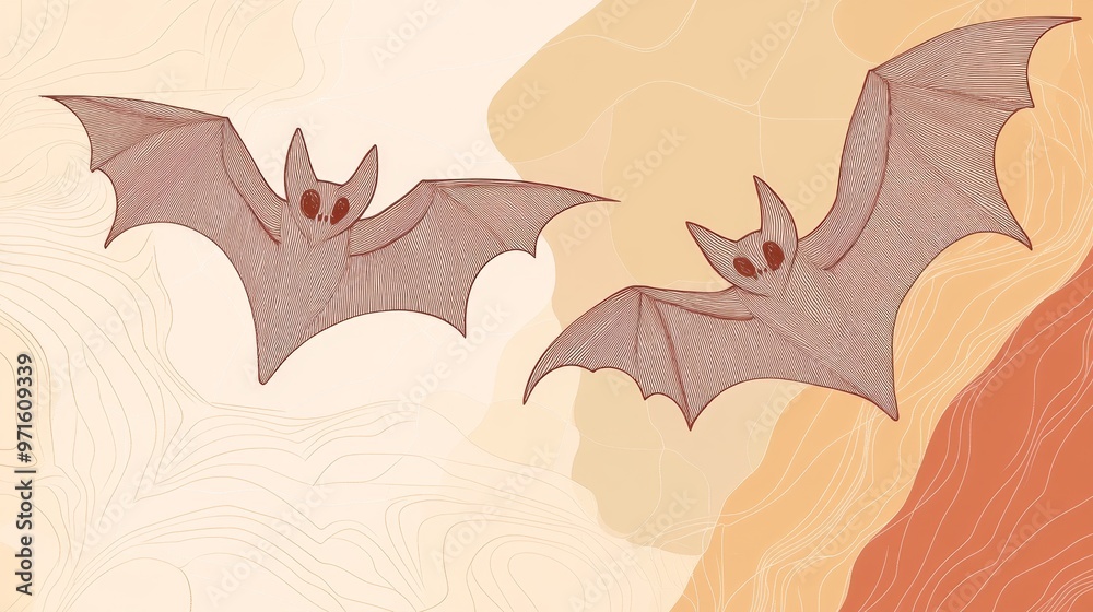 A minimalist line art illustration of two bats flying against a background of soft, abstract shapes. The bats are depicted in a simple, elegant style, creating a modern and stylish Halloween graphic. 