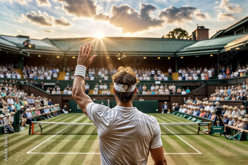 Tennis player gratefully saluting the crowd in a stadium at sunset celebrating victory. Tennis player waving to the audience while retiring from the sport photo