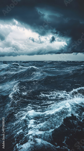 Moody seascape with dark storm clouds looming over turbulent waves