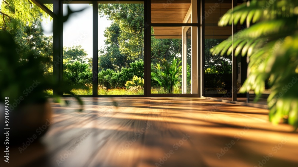 A modern home interior featuring large glass doors leading to a lush green garden. Sunlight streams through the windows, casting warm shadows on the polished wooden floor. The interior is minimalist a A modern home interior featuring large glass doors leading to a lush green garden. Sunlight streams through the windows, casting warm shadows on the polished wooden floor. The interior is minimalist a