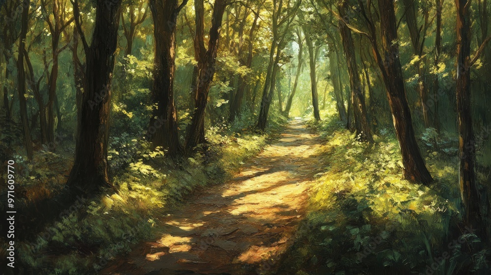 Fototapeta premium A Sunlit Path Through a Dense, Green Forest
