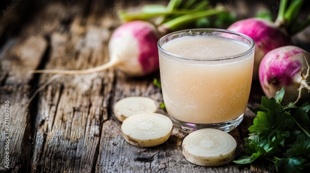 A glass of beverage next to fresh radishes and sliced roots on a rustic wooden surface.