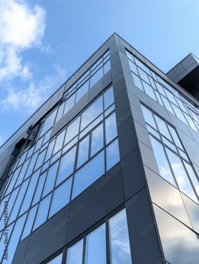 A modern office building with a graphite facade and large windows, reflecting the blue sky and white clouds. The building symbolizes progress, innovation, and a bright future. A modern office building with a graphite facade and large windows, reflecting the blue sky and white clouds. The building symbolizes progress, innovation, and a bright future.
