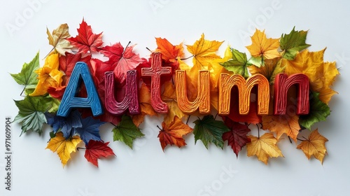 Autumn word put together with wooden letters among fallen leaves.