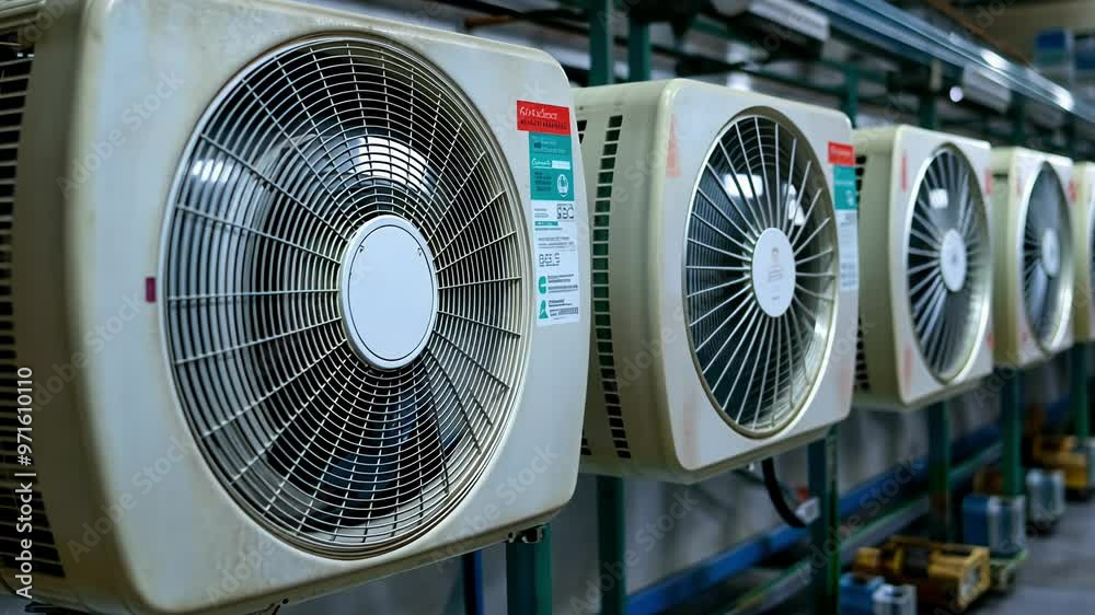 A series of air conditioning units are observed in a cooling facility, busily working to maintain a comfortable environment during the hot summer months.