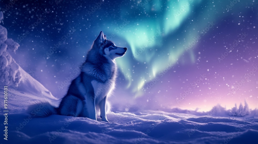 Naklejka premium Majestic husky dog sitting in snowy landscape looking at northern lights