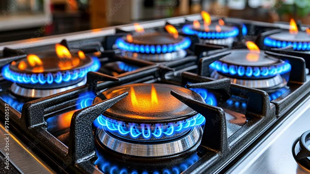 This clip showcases a gas stove in action, highlighting multiple burners ignited with bright blue flames, emphasizing efficient cooking in a kitchen setup. This clip showcases a gas stove in action, highlighting multiple burners ignited with bright blue flames, emphasizing efficient cooking in a kitchen setup.