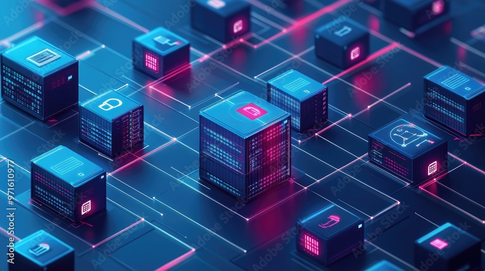 A futuristic network of interconnected data servers, glowing with pink and blue light, representing the flow of information and technology. A futuristic network of interconnected data servers, glowing with pink and blue light, representing the flow of information and technology.