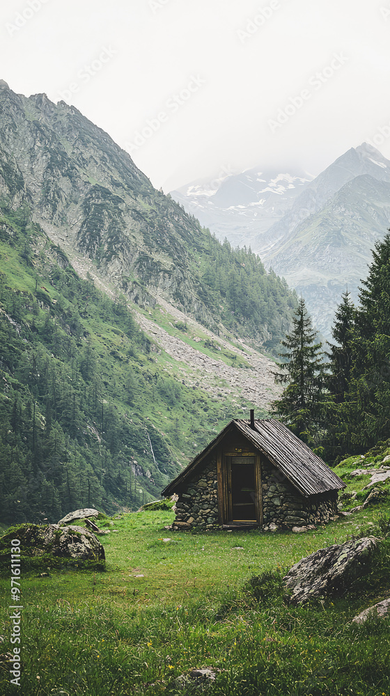 A serene outdoor shelter nestled in mountainous region, surrounded by lush greenery and towering peaks A serene outdoor shelter nestled in mountainous region, surrounded by lush greenery and towering peaks